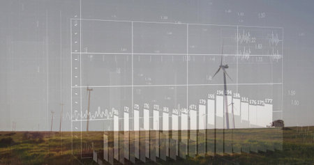 Floating 3D bar chart above grassy plain with wind turbines, displaying gridlines and labels. Renewable energy, sustainability, infographic, ecological, smart technology, environmental data, landscapeの写真素材