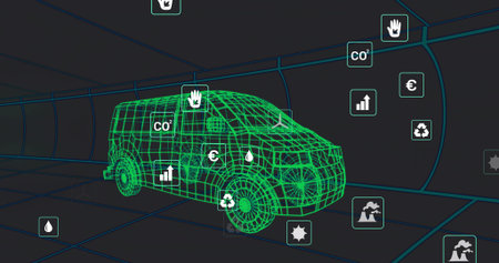 Rotating wireframe van model inside digital tunnel, with floating environmental and economic icons. Futuristic, technological, eco-friendly, data visualization, virtual reality, innovation, sustainabilityの写真素材