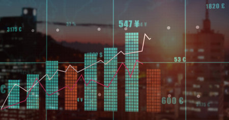 Financial chart showing teal orange bars white magenta lines over dusk skyline, with grid â¬Â¥Â£âµ. Data visualization, financial analytics, urban skyline, business intelligence, investment charts, modern design, technologyの写真素材