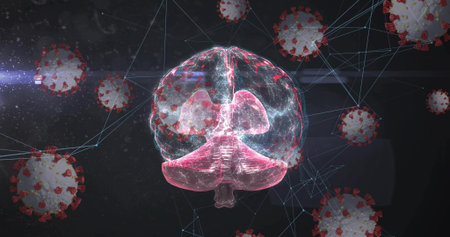 Floating brain hologram linking 3D virus models in virtual space, with neon-blue lines. Futuristic, technology, scientific, medical, data visualization, neural, biomedicalの写真素材