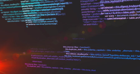 Displaying syntax-highlighted code scrolling on dark-themed code editor, with JavaScript functions....