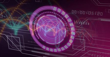 Showing purple circular HUD pulsing in dashboard, with waveforms, code fragments and timer display. Futuristic, technology, digital, interface, data visualization, neon, cyberpunkの写真素材