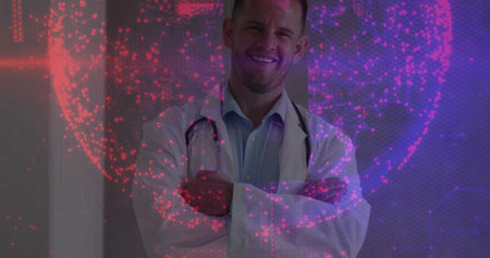 Smiling doctor wearing lab coat and stethoscope in clinic, displaying holographic network sphere. Healthcare, technology, innovation, connectivity, digital, futuristic, professionalismの写真素材