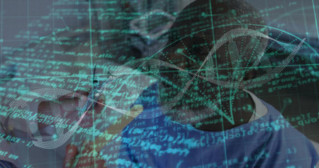 Typing woman in blouse collaborating with hooded man in research lab, with laptop, DNA code overlay. Futuristic, technology, innovation, data, cybersecurity, collaboration, digitalの写真素材