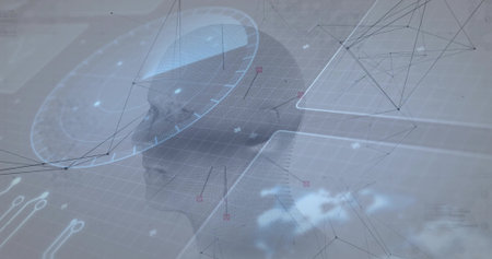 Rotating 3D wireframe human head model in virtual interface, with radar grid overlay, network nodes....