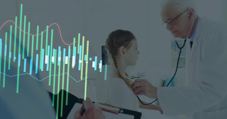 Doctor examining child on exam table with stethoscope, parent with clipboard, pen, graph overlay....