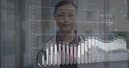 Nurse in burgundy scrubs analyzing charts and grid in clinic hallway, with stethoscope. Medical, healthcare, diagnostics, technology, data visualization, augmented reality, analysisの写真素材