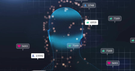 Floating mesh head against dark grid, featuring social media icons, counters and data markers. Technology, digital, connectivity, innovation, data, virtual, futuristicの写真素材