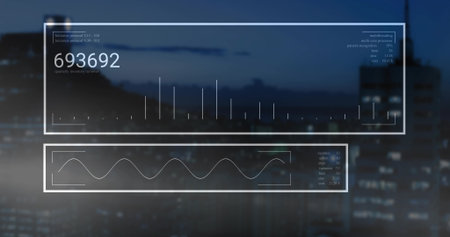 Showing translucent UI panels with turnover metrics, bar chart and waveform above skyline at dusk. Futuristic, data visualization, modern, technology, urban, scientific, digitalの写真素材