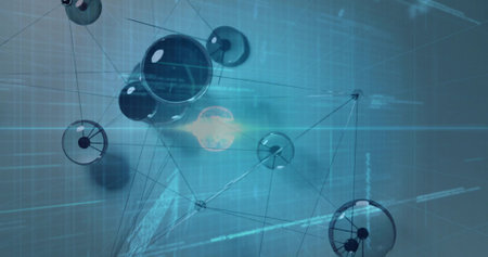 Floating translucent nodes forming network web in virtual digital grid, streaming data code....
