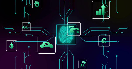 Displaying fingerprint icon emitting neon-green circuits on gradient panel, connecting square icons. Technology, innovation, connectivity, security, automation, data, surveillanceの写真素材