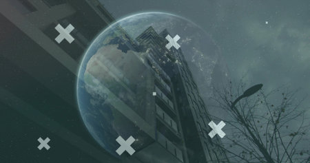 Floating semi-transparent Earth globe over city street, with tower, X shapes, streetlamp and tree. Metropolitan, architecture, urbanization, innovation, futuristic, infrastructure, nighttimeの写真素材