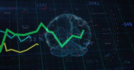 Floating clear 3D wireframe brain in digital grid, with colored trend lines and numeric labels. Futuristic, data visualization, neural, technology, analytics, innovative, abstractの写真素材