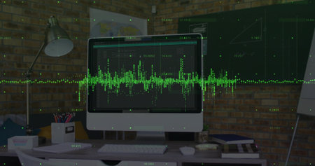 Displaying monitor showing green waveform at desk against brick wall, with lamp, keyboard and mouse. Creative workspace, modern design, tech accessories, minimalistic, productivity, interior decor, digital toolsの写真素材