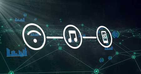 Three white icons streaming music and showing smartphone in digital display, with hexagonal nodes....