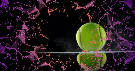 Resting green tennis ball reflecting on surface in studio, with polygonal net graphics, copy space. Futuristic, digital, high-tech, modern, abstract, sleek, vibrantの写真素材