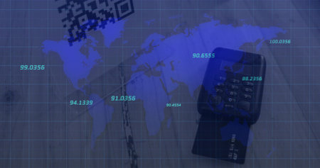 Adult man holding smartphone with earbuds while drinking coffee and monitoring animated data chartsの写真素材
