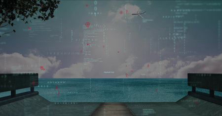 Extending wooden walkway reaching into sea under clouds with flying plane and showing data overlay. Dock, maritime, futurism, digital, visualization, architecture, tranquilityの写真素材