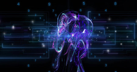 Floating head silhouette streaming lights in digital network, showing numerals and circuits. Futuristic, innovation, technology, data, cyber, virtual, connectivityの写真素材