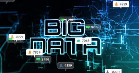 Displaying BIG DATA lettering over circuit, with notification, chat, thumbs-up and user icons. Technology, analysis, visualization, cybernetics, connectivity, innovation, cybersecurityの写真素材