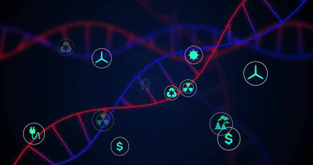 Forming DNA helix intertwining red blue strands in dark void, with green and industrial icons. Futuristic, abstraction, sustainability, technology, innovation, digital art, eco-friendlyの写真素材