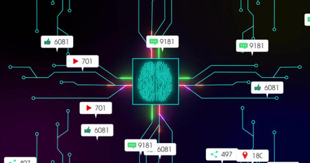 Glowing neon brain circuit extending colorful lines on digital schematic, with social metrics icons. Futuristic, technology, network, connectivity, digital, abstract, innovationの写真素材