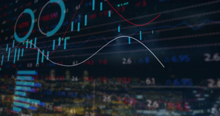 Displaying market overlay over night skyline with candlestick and bar charts, gauges and numbers....