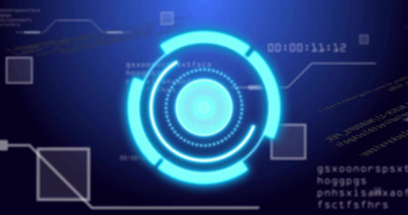 Showing blue HUD element on scifi interface, with arcs, data lines, code strings and timestamp. Futuristic, technology, interface, digital, cyber, data, immersiveの写真素材