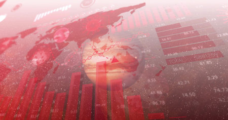 Displaying dashboard showing world map overlay, globe, red bars, line graph markers, data labels. Data, visualization, analytics, dashboard, infographic, technology, statisticsの写真素材