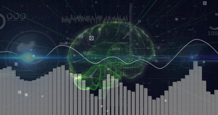 Displaying wireframe 3D brain model hovering in dashboard, with white waveform graph and bar chart....
