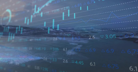 Overlaying blue green candlestick bars highlighting coastal bay, with jagged line graph indicators....