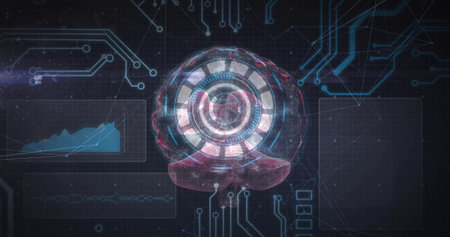 Projecting 3D brain model hovering in network interface with concentric rings and neon circuit....