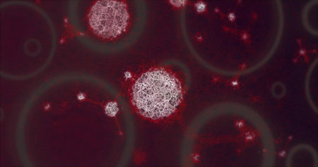 Featuring large fractal sphere cluster floating in digital art, with rings, red tracery and dots. Abstract, digital art, geometric, cosmic, futuristic, sci-fi, intricateの写真素材