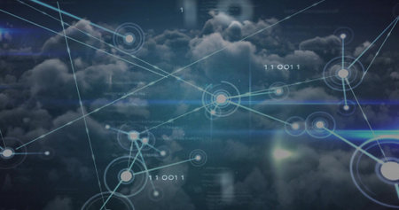 Forming central digital mesh hovering over cloudy sky, linking glowing nodes and streaming data....