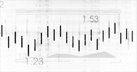 Displaying monochrome dashboard on data platform, with candlestick bars and overlaid numeric labels. Minimalist, digital, analytics, technology, data, abstract, futuristicの写真素材