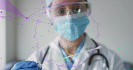 Holding sterile swab, doctor wearing nitrile gloves in testing room, with holographic head network. Medical, technology, innovation, diagnostics, healthcare, science, futuristicの写真素材