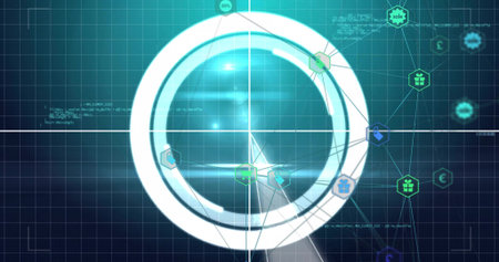 Zooming magnifying glass showing hexagon icons with connecting lines on grid in dashboard interface. Technology, digital, data, analytics, network, communication, futuristicの写真素材