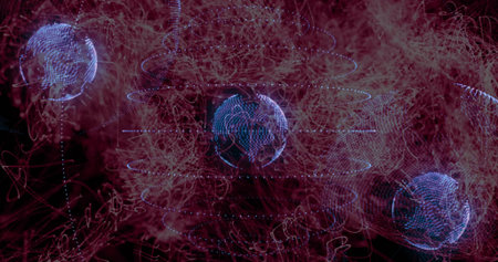 Displaying central holographic blue globe rotating in virtual space with red trails, nodes, points....