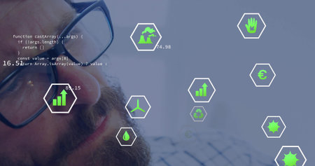 Bearded man in plaid shirt analyzing hexagonal icons and code snippets in workspace, copy space....
