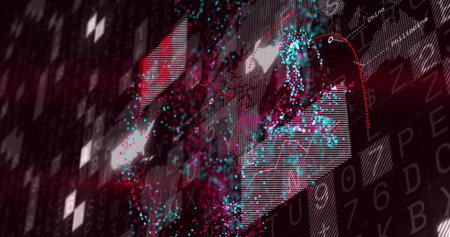 Displaying digital map view evolving in futuristic interface, with glowing points and trend lines. Cyber, innovation, connectivity, technology, analytics, network, abstractの写真素材