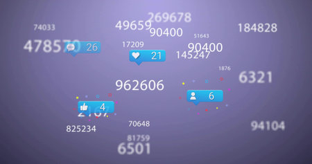 Featuring floating metrics on violet gradient, with icons showing counts 26,21,4,6 and confetti....