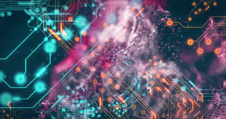 Displaying glowing circuit traces, nodes on blue-black canvas, with light particles, misty textures. Futuristic, digital, technology, cyber, innovation, abstract, neonの写真素材