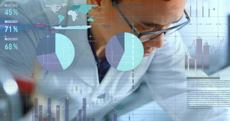 Leaning researcher in lab coat examining holographic world map, pie and bar charts in lab. Innovation, analytics, technology, scientific, futuristic, data visualization, professionalの写真素材