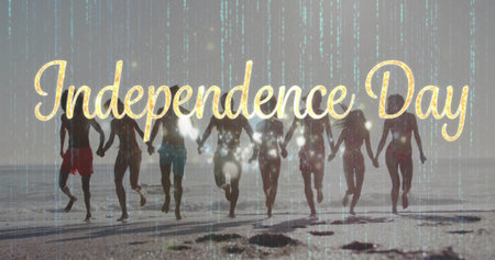 Running eight friends in swimwear holding hands at beach, green overlay. Celebration, camaraderie, vacation, festive, leisure, adventure, vibrantの写真素材