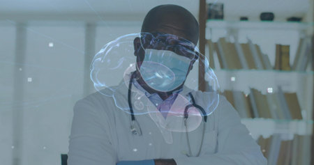 Analyzing holographic brain in clinic, doctor wearing lab coat mask with stethoscope file shelves. Medical, research, innovation, futuristic, professional, technology, educationalの写真素材