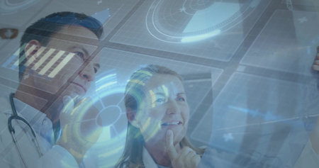 Analyzing senior doctors wearing lab coats examining display in lab, with stethoscope and holograms....