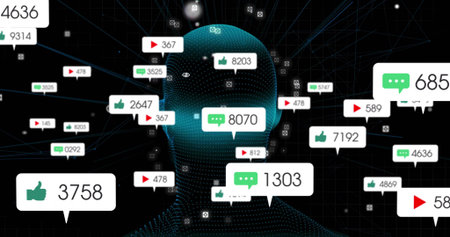 Displaying dotted silhouette pulsing connections in cyberspace with notification icons. Digital,...