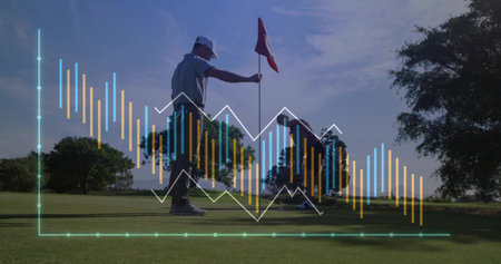 Male golfer aligning putt on putting green with partner holding red flagstick, graph overlay. Athletics, sports, competition, leisure, outdoor, activity, analysisの写真素材