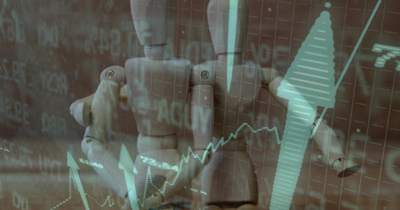 Blending wooden mannequin with data grid in visualization, with upward arrows and graph overlays. Abstract, data visualization, growth, analysis, investment, digital, infographicsの写真素材