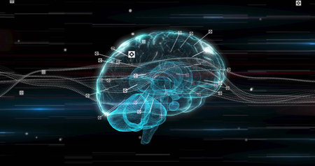 Floating wireframe brain model rotating in virtual interface, with glowing nodes and data trails....
